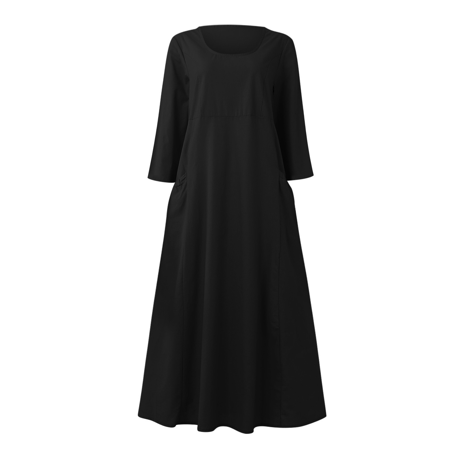 thumbnail image 4 of Vestido boho de manga 3/4 y cuello redondo con bolsillos para mujer - Color liso, corte holgado, vestido veraniego informal con estampado floral, 4 of 4